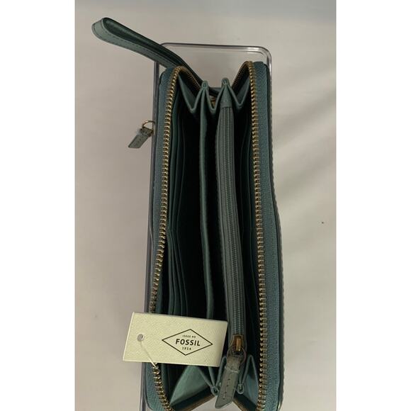 Fossil Emma Large Zip Clutch Steel Blue Wristlet Leather Wallet RFID New READ - Picture 9 of 14